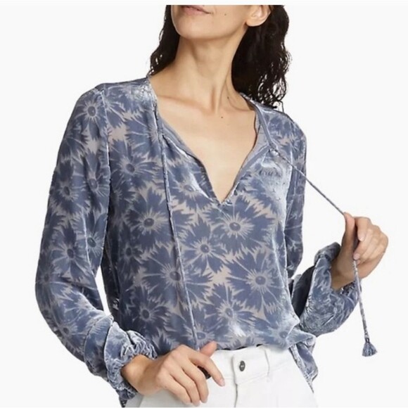 Paige Selmah Floral Burnout Long-Sleeve Blouse in Iced Slate Silk Blend - Picture 1 of 9